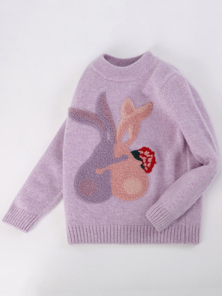 Girls Purple Cashmere Crewneck Pullover Sweater with Fuzzy Bunny